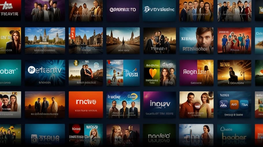 Utvalg av kanaler, filmer og live sport tilgjengelig på IPTV Norge, vist som et rutenett av TV-plakater