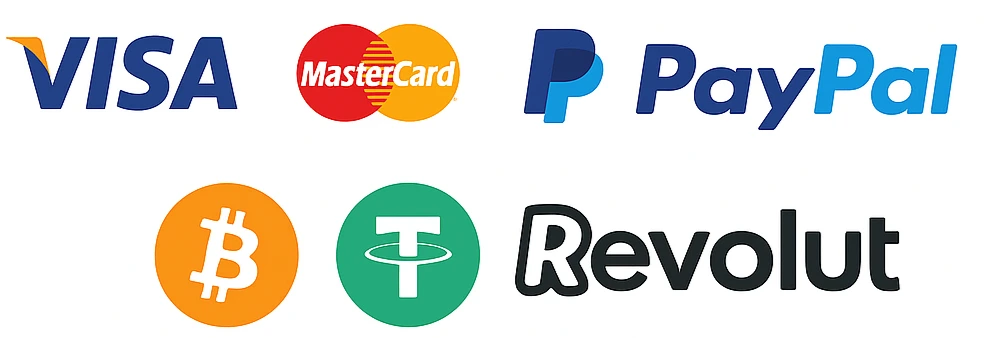 Betalingsmetoder: Visa, Mastercard, PayPal, Bitcoin, USDT, Revolut